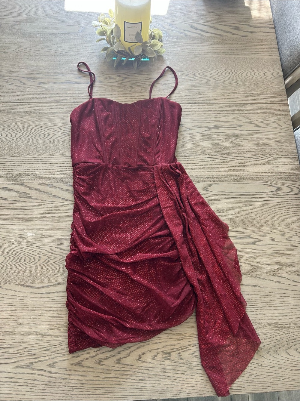 Beautiful Burgundy Sparkle Spaghetti Strap Ruched Dress